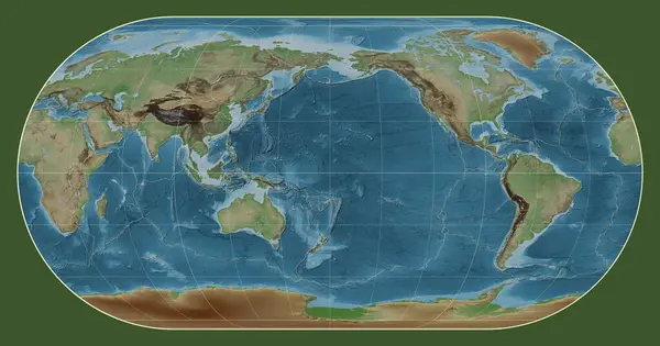 Granice Płyt Tektonicznych Kolorowej Mapie Wzniesień Świata Projekcji Eckert Iii — Zdjęcie stockowe