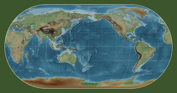 Кольорова Карта Висот Світу Проекції Екерта Iii Зосереджена Меридіані 180 — стокове фото