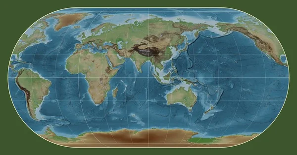 埃克特三世投影中的世界彩色高程图 以东经90度经线为中心 — 图库照片