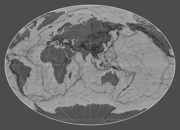 Limites Placa Tectônica Mapa Bilevel Mundo Projeção Fahey Centrado Meridiano — Fotografia de Stock