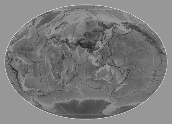 Límites Placas Tectónicas Mapa Escala Grises Del Mundo Proyección Fahey —  Fotos de Stock