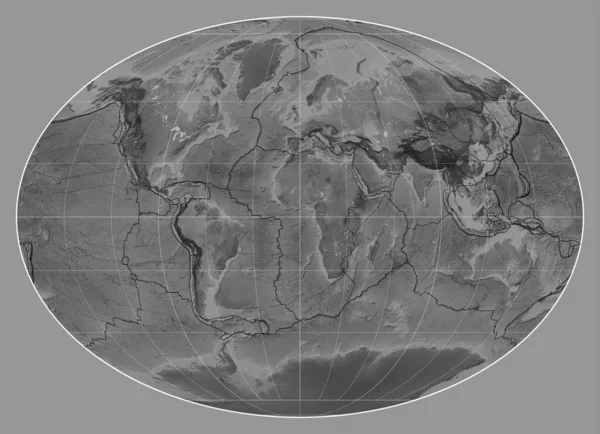 マリジアン 経度を中心としたファヒーイ投影の世界のグレースケール地図上のテクトニックプレート境界 — ストック写真
