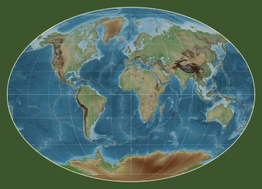 Tectonic plate boundaries on a colored elevation map of the world in the Fahey projection centered on the meridian 0 longitude clipart