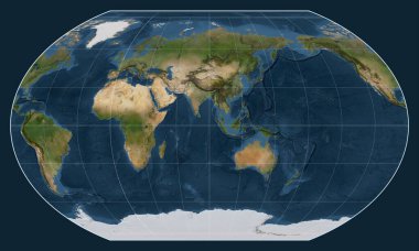 Kavrayskiy VII 'deki dünyanın uydu haritası meridyen 90 doğu boylamı üzerine kuruludur.