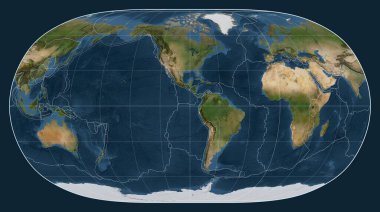 Meridyen eksi 90 batı boylamı merkezli Doğal Dünya II projeksiyonunda bir uydu haritasında tektonik levha sınırları