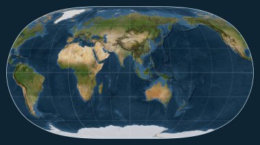 Dünya 'nın Doğa II projeksiyonundaki uydu haritası meridyen 90 doğu boylamı üzerine kuruludur.