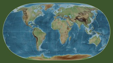 Doğal Dünya II projeksiyonundaki dünyanın renkli yükseklik haritası meridyen 0 boylamı üzerine kuruludur.