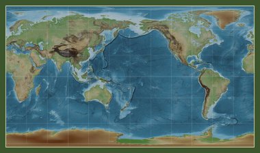 Patterson silindirik projeksiyonunda dünyanın renkli yükseklik haritası meridyen 180 boylam merkezli