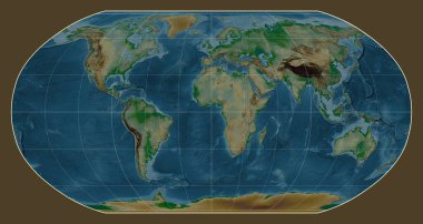 Robinson projeksiyonundaki dünyanın fiziksel haritası meridyen 0 boylamı üzerine kuruludur.