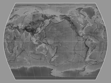 Times projeksiyonunda dünyanın gri tonlu haritasında tektonik levha sınırları meridyen 180 boylam üzerine kuruludur.