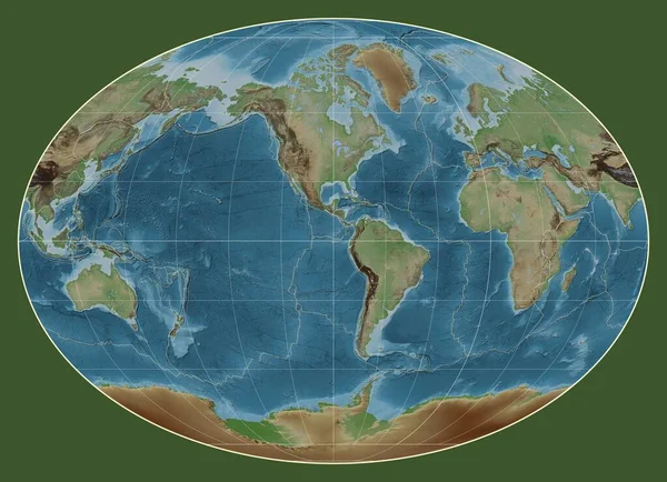 法赫投影中的世界彩色高程图的构造板块边界以经线 90西经为中心 — 图库照片