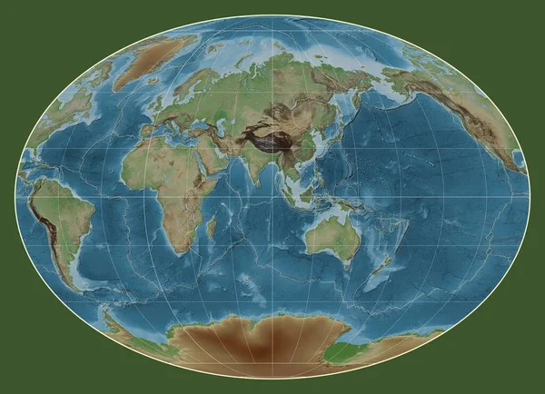 東経90度線を中心としたファヒーイ投影の世界有色標高地図上のテクトニックプレート境界線 — ストック写真
