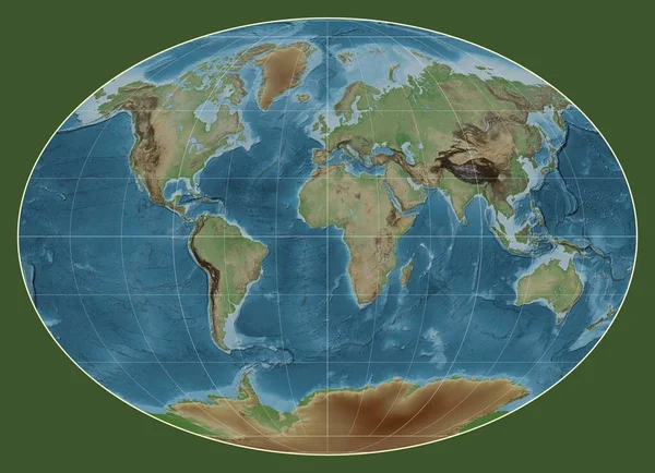 以经线0经度为中心的法赫投影中的世界彩色高程图 — 图库照片