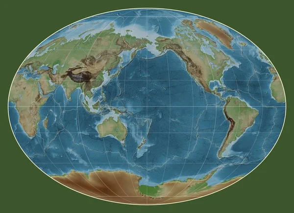 法赫投影中位于经线180度中心的世界彩色高程地图上的构造板块边界 — 图库照片