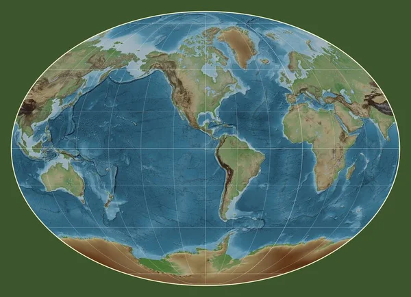 法赫投影中的世界彩色高程图 中心是经线 90西经 — 图库照片