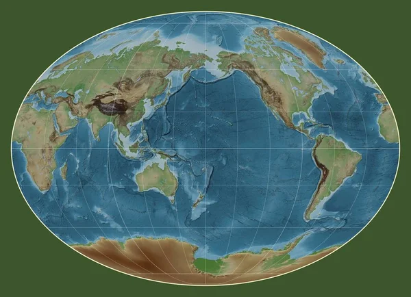 以经线180为中心的法赫投影中的世界彩色高程图 — 图库照片