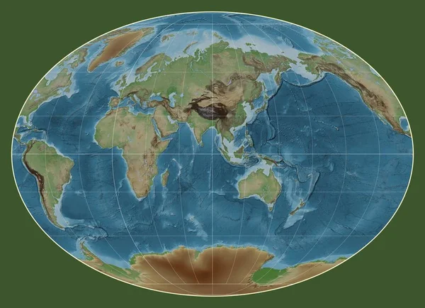 以东经90度子午线为中心的法赫投影中的世界彩色高程图 — 图库照片