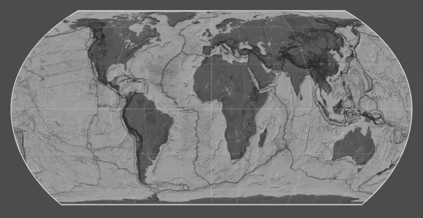 Tektonische Plattengrenzen Auf Einer Zweistufigen Weltkarte Der Hatano Asymmetrical Equal — Stockfoto