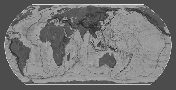 東経90度を中心としたハタノ非対称エリア投影における世界の胆汁地図上のテクトニックプレート境界線 — ストック写真