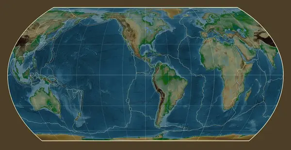 以西经90度为中心 在世界物理地图上的 鸟野非对称等高区投影 构造板块边界 — 图库照片