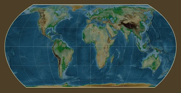 Mapa Físico Mundo Projeção Hatano Área Assimétrica Igual Centrada Meridiano — Fotografia de Stock