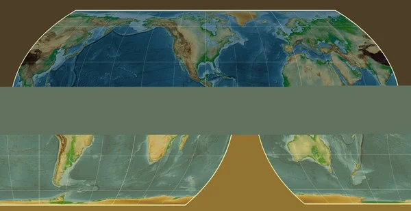 Физическая Карта Мира Асимметричной Проекции Равной Зоны Хатано Центром Долготе — стоковое фото