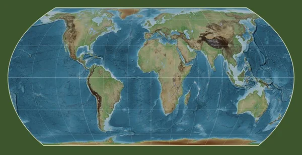 以经线0经度为中心的鸟野非对称等面积投影中的世界彩色高程图 — 图库照片