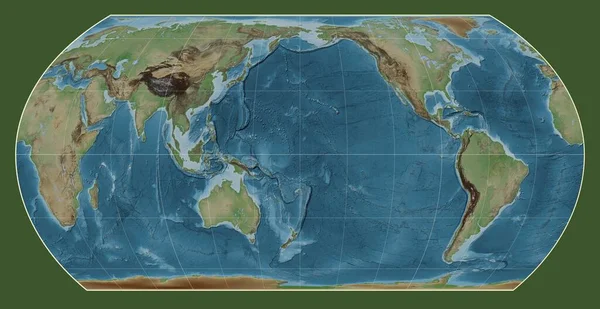 以经线180经度为中心的鸟野非对称等高区投影的世界彩色高程图 — 图库照片