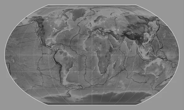 マリジアン 経度を中心としたカブレイスキヤ Vii 投影の世界のグレースケール地図上のテクトニックプレート境界線 — ストック写真