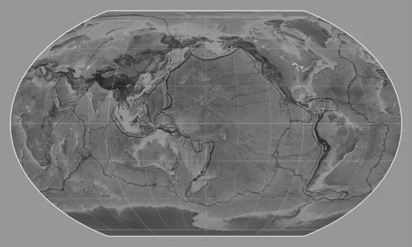메리디안 180 경도를 중심으로 카브레이스키 Vii 투영에서 세계의 스케일지도에 지각판 — 스톡 사진