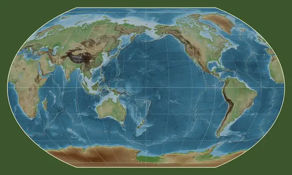 Kavrayskiy Vii投影中位于经线180度中心的世界彩色高程地图上的构造板块边界 — 图库照片