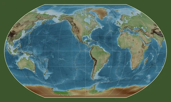 マリディアンを中心としたカブレイスキヤ7世投影の世界の色付き標高地図上のテクトニックプレート境界線 90西経度 — ストック写真