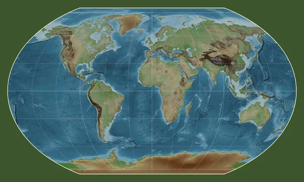 以经线0经度为中心的Kavrayskiy Vii投影中的世界彩色高程图 — 图库照片
