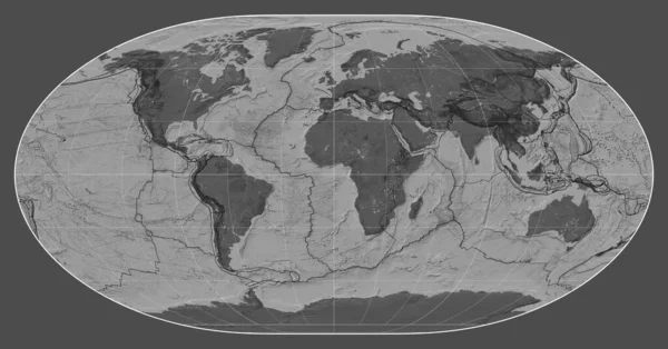 Granice Płyt Tektonicznych Dwupoziomowej Mapie Świata Projekcji Loximuthal Skupionej Południku — Zdjęcie stockowe