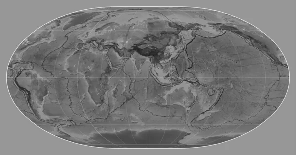 地図上のテクトニックプレートの境界線 マリジアン90東経を中心としたローマスカル投影の世界のグレースケール地図 — ストック写真