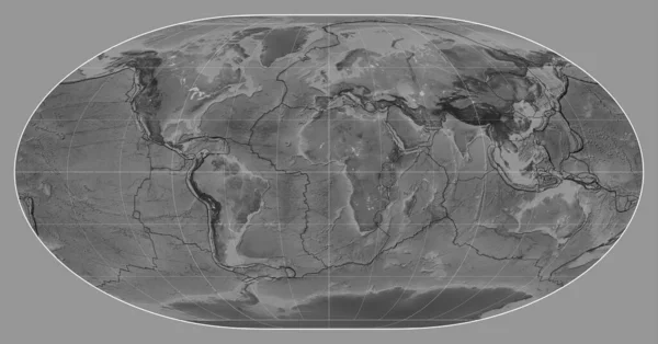 Loximuthal Projeksiyonunun Meridyen Boylamı Merkezli Gri Ölçekli Bir Dünya Haritasında — Stok fotoğraf