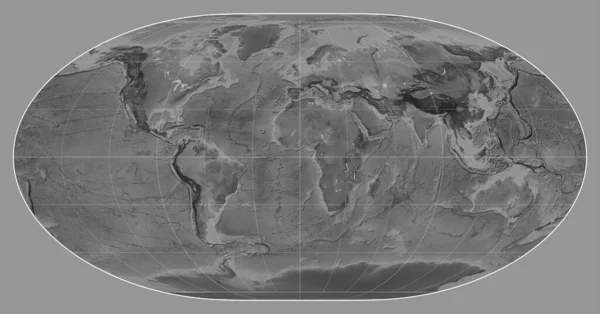Grayscale Karta Över Världen Loximuthal Projektion Centrerad Meridian Longitud — Stockfoto