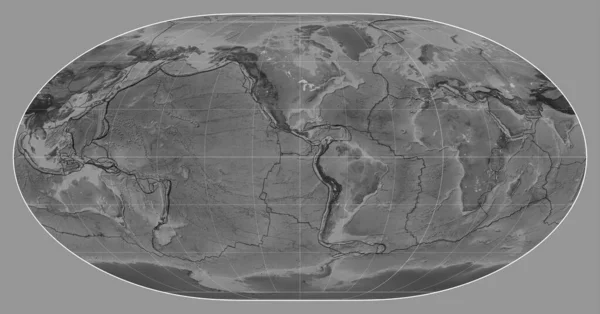 Tectonic Platta Gränser Gråskala Karta Över Världen Loximuthal Projektion Centrerad — Stockfoto