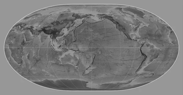 Loximuthal Projeksiyonunda Dünyanın Gri Ölçekli Haritası Meridyen 180 Boylam Üzerine — Stok fotoğraf