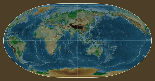 Tectonic Plate Boundaries Physical Map World Loximuthal Projection Centered Meridian — Stock Photo, Image