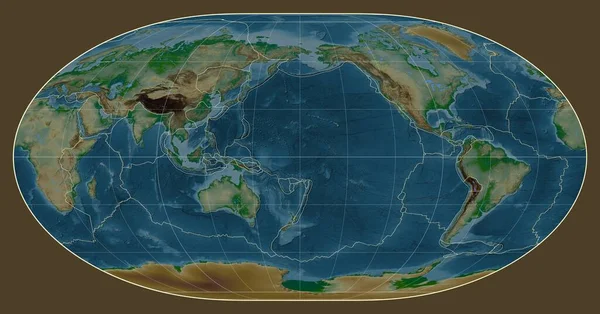 Межі Тектонічних Пластин Фізичній Карті Світу Проекції Loximuthal Зосередженій Меридіані — стокове фото