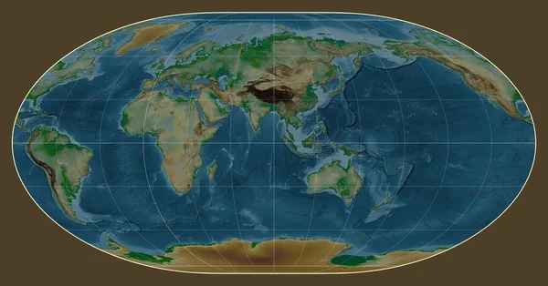 Physical Map World Loximuthal Projection Centered Meridian East Longitude — Stock Photo, Image