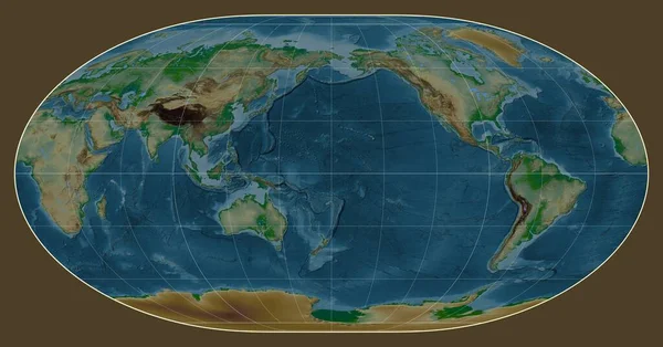 Physical Map World Loximuthal Projection Centered Meridian 180 Longitude — Stock Photo, Image