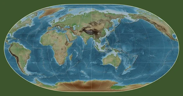 Granice Płyt Tektonicznych Kolorowej Mapie Wzniesień Świata Projekcji Loximuthal Skupionej — Zdjęcie stockowe