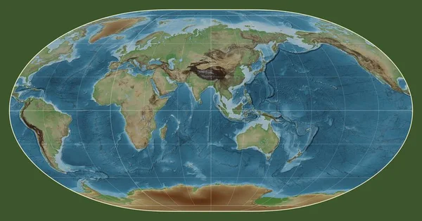 Gekleurde Hoogte Kaart Van Wereld Loximuthal Projectie Gecentreerd Meridiaan Oosterlengte — Stockfoto