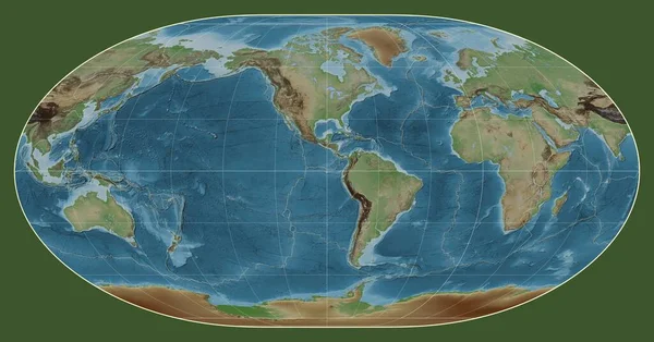Loximuthal projeksiyonunun meridyen eksi 90 batı boylamı merkezli renkli bir dünya haritasında tektonik levha sınırları