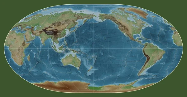 Granice Płyt Tektonicznych Kolorowej Mapie Wzniesień Świata Projekcji Loximuthal Skupionej — Zdjęcie stockowe