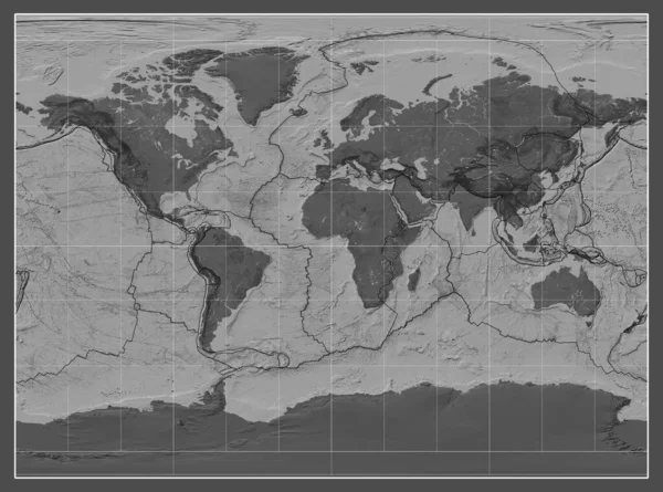 Granice Płyt Tektonicznych Dwupoziomowej Mapie Świata Projekcji Cylindrycznej Millera Skupionej — Zdjęcie stockowe