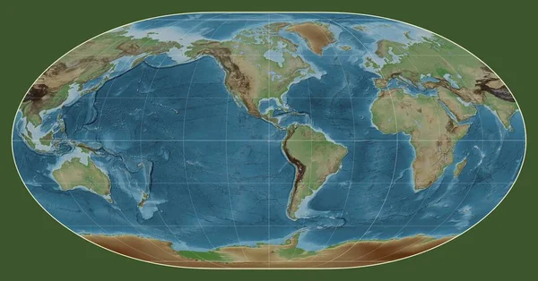 Mapa Elevación Coloreada Del Mundo Proyección Loximuthal Centrada Longitud Meridiano —  Fotos de Stock