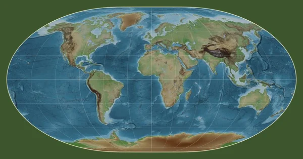 以经线0经度为中心的洛希穆尔投影绘制的世界彩色高程图 — 图库照片